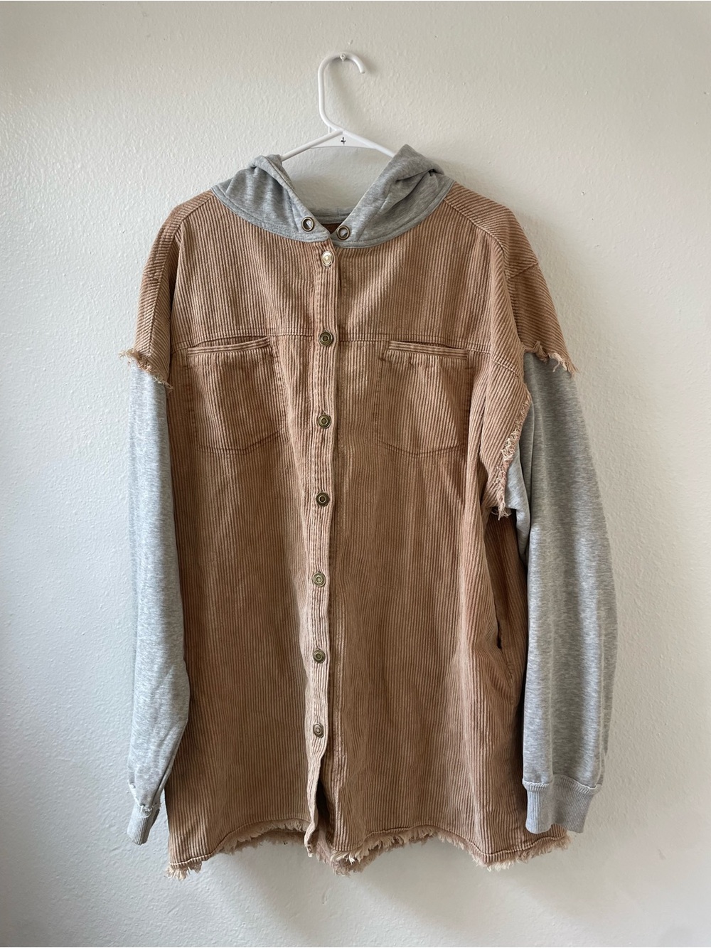 Oli & Hali Tan Corduroy Button-Up with Gray Hoodie Sleeves